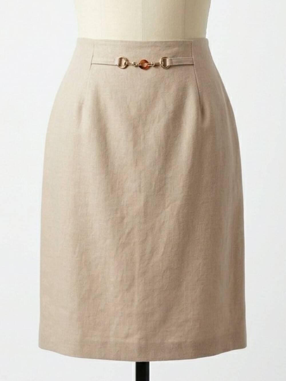 Vintage NYCC Tan Pencil Skirt Horsebit Accent Union Made USA High Waist 14